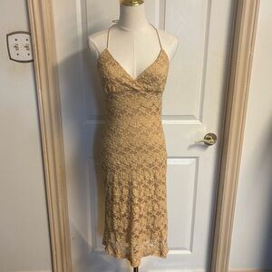 Tan Halter Neck Midi Cocktail Dress